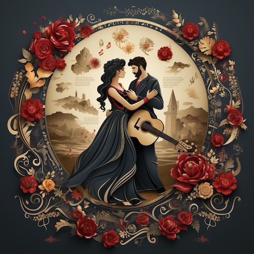 Illustration d'un couple danse un flamenco passionné, leurs ombres formant un cœur.